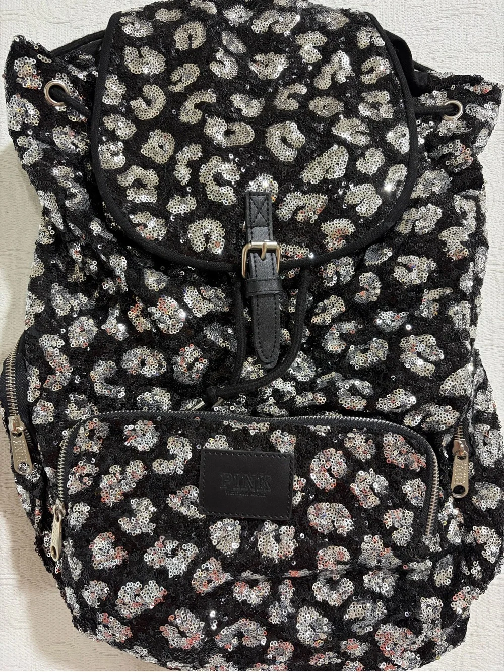 Victoria's Secret PINK Leopard Cheetah Backpack Bag Sequin Black Silver RARE